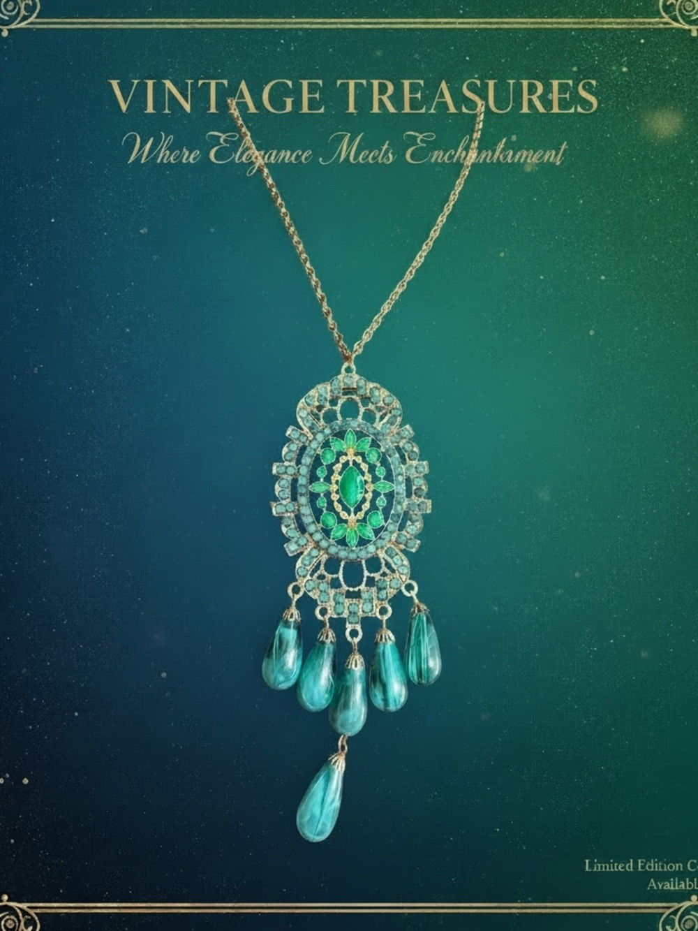 Vintage Boho Statement Necklace Turquoise & Green Pendant Drops